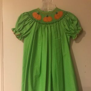 Green Halloween/Thanksgiving smocked dress